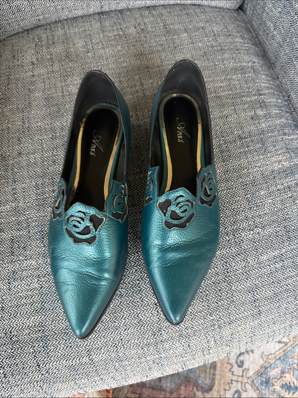 Azura  Teal Pointed Leather Slip-On Loafers with Rose Cutouts